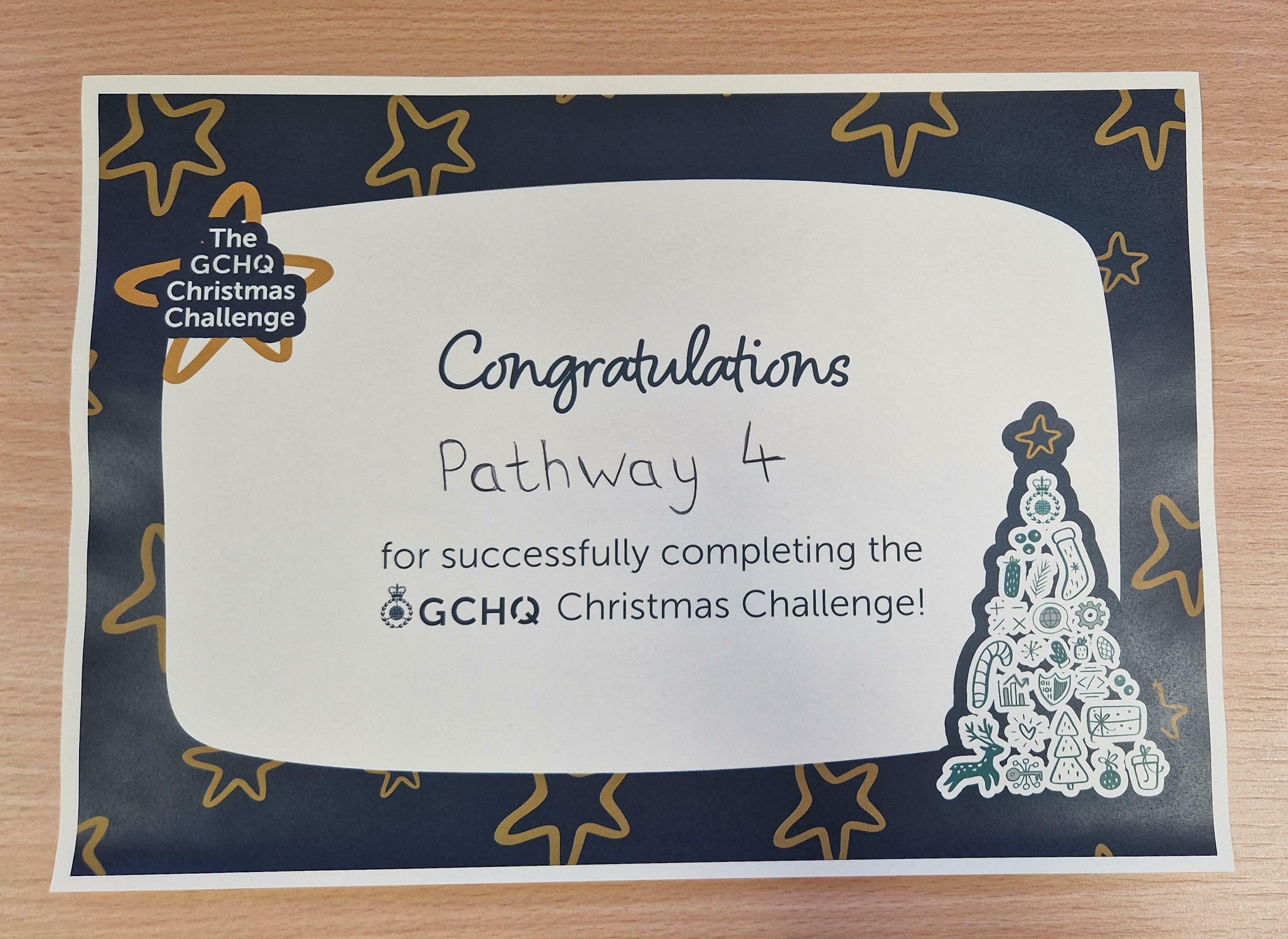 Pathway 4 GCHQ Christmas Challenge Certificate