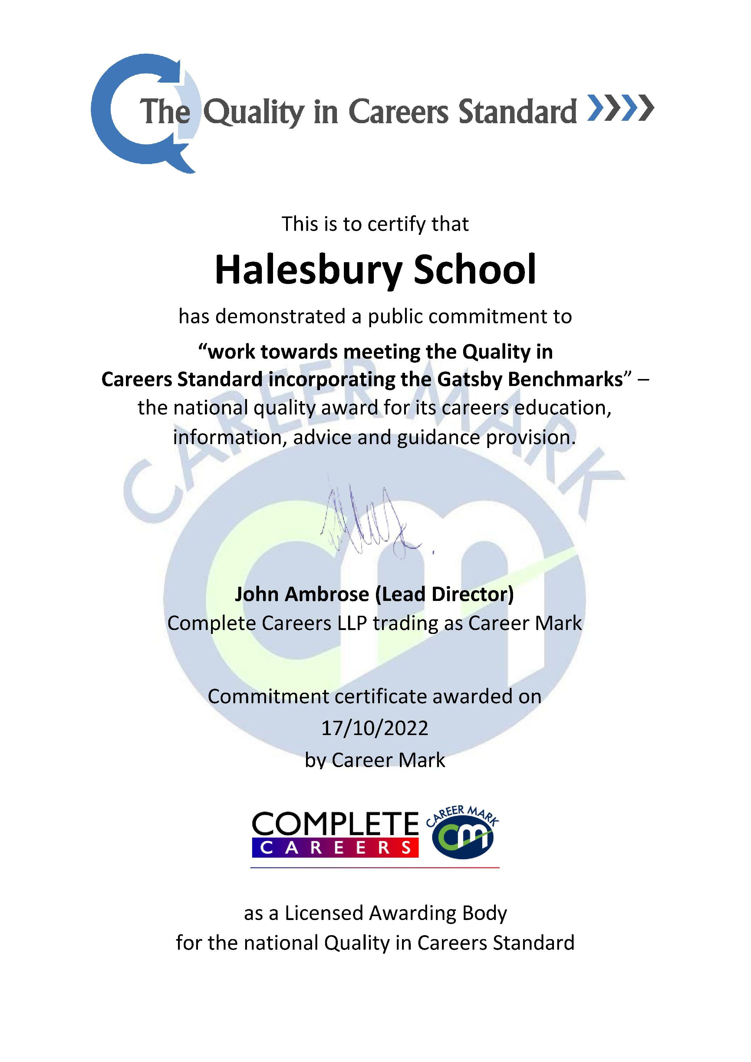 Halesbury School Certificate of Commitment